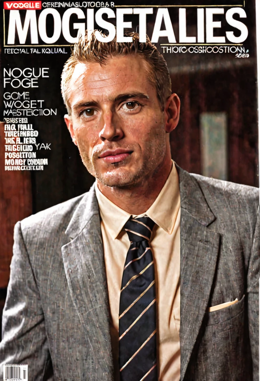 amazing cover of vogue magazine from the 80s, attractive naked man, toned, pubic fleece,,yellow eyes,wide shoulders,small hips, tie,conceptual photography, professional photography,very realistic shadows,warm atmosphere, dynamic shadow,cinematic style,cinematic camera, Masterpiece, trend on flickr,flaccid penis