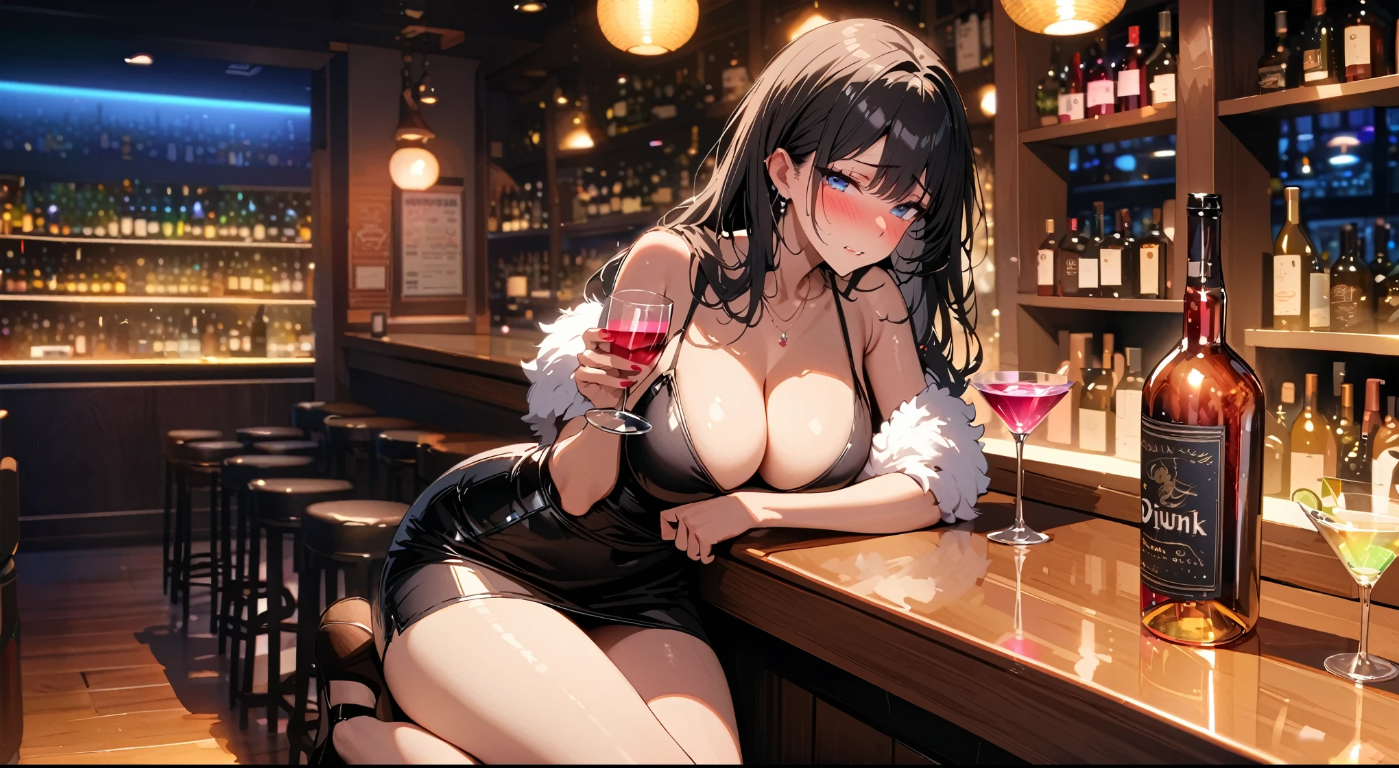 Sad expression,(best quality, 4K, high resolution, masterpiece:1.2, Extremely detailed),((Looking at the camera sadly)),Large Breasts,38 years old girl,独奏,black hair,long hair,blue eyes,(drunk,blush),sitting,drinking,((Mature sexy body)),Black stockings,Black tight skirt, Mature sexy body,holding mug,counter,pub,(Fashion bar) indoors, ((Cocktail Glass) Full of colorful wine), (dimly light room), Wine Bottle, Detailed background,Fluffy hair