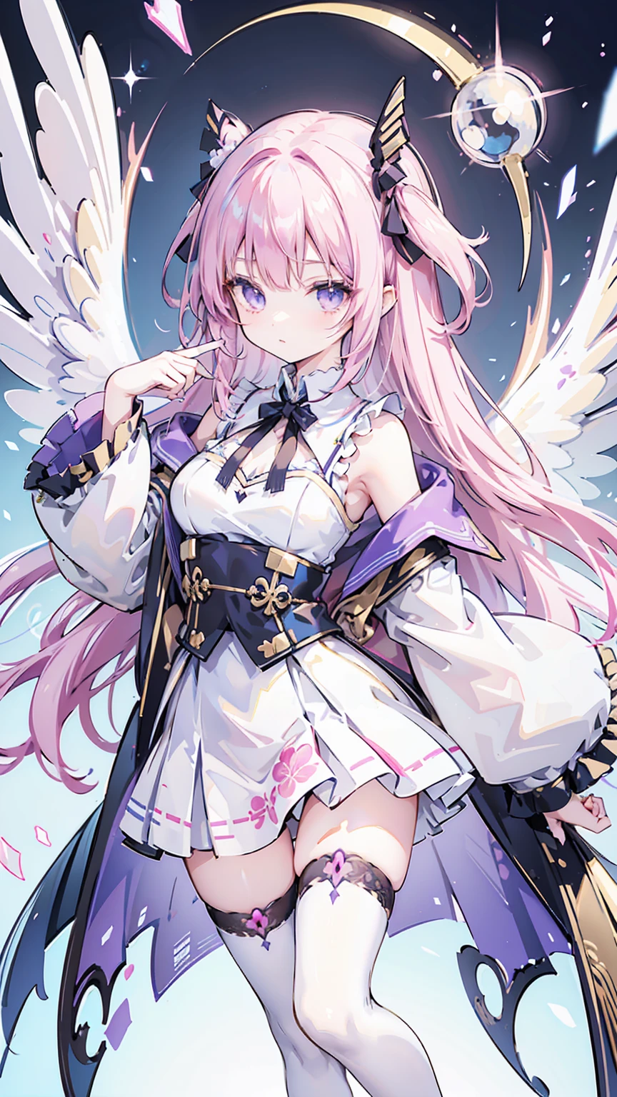 ( high quality , Super detailed, Watch your hands )This character is a beautifully designed anime-like character with delicate features. She has long, pastel pink hair that flows down to her ankles, with bangs swept to the side. Her eyes are large and expressive, with pink irises, which are commonly seen in anime-style characters. She is wearing a fantasy-inspired outfit that combines purple and black colors with gold accents. The outfit includes a form-fitting bodice with a high collar, frills, lace details, and thigh-high stockings with ribbon lacing. The character is adorned with ribbon-like accessories, such as a large bow in her hair and smaller bows on her outfit. She also has gold chains hanging from her waist and thigh. Her pose is playful, with one leg lifted slightly and a finger held to her lips, suggesting a secret or silence. Additionally, she has two elaborate wings, possibly mechanical or magical in nature, with multiple segments and a circular design near the base. The character is depicted in a vibrant scene with flowers matching her hair color, patches of grass, and a gemstone on the ground, creating a whimsical and otherworldly atmosphere.Chibi Character,Hands are hidden in sleeves