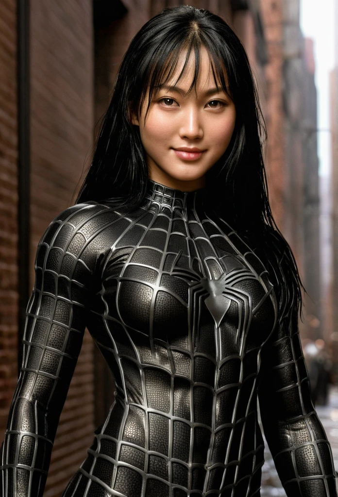 score_9, score_8_up, score_7_up, best quality, realistic, masterpiece, beautiful detail, hyperrealistic, (1girl, woman body, smile, black hair), big breasts:1, amazing detailed full body portrait of a beautiful korean girl, defined muscle girl, wearing a realistic and highly detailed black raimi spider-man suit, ((huge muscular girl)), professional model wears ultra - detailed black raimi spider - man suit, ultra - detailed and grained black raimi spiderman suit, suit covered entire body and hand, black spiderman gloves, wet, (romantic scene), (full body), (dirty skin), close up, octane render, highly detailed, volumetric, dramatic lighting, (highest quality:1.1), (HDR:1.3), (top quality, best quality), realistic, high definition,
