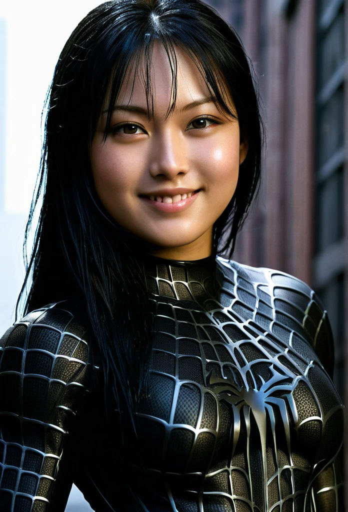 score_9, score_8_up, score_7_up, best quality, realistic, masterpiece, beautiful detail, hyperrealistic, (1girl, woman body, smile, black hair), big breasts:1, amazing detailed full body portrait of a beautiful japanese girl, defined muscle girl, wearing a realistic and highly detailed black raimi spider-man suit, ((huge muscular girl)), professional model wears ultra - detailed black raimi spider - man suit, ultra - detailed and grained black raimi spiderman suit, suit covered entire body and hand, black spiderman gloves, wet, (looking at camera), (full body), (dirty skin), close up, octane render, highly detailed, volumetric, dramatic lighting, (highest quality:1.1), (HDR:1.3), (top quality, best quality), realistic, high definition,