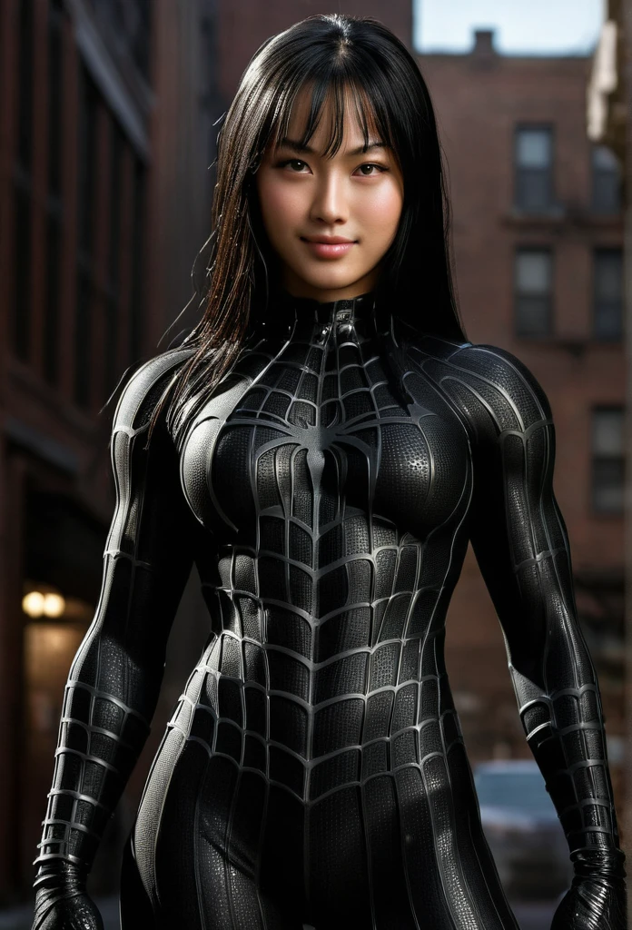 score_9, score_8_up, score_7_up, best quality, realistic, masterpiece, beautiful detail, hyperrealistic, (1girl, woman body, smile, black hair), big breasts:1, amazing detailed full body portrait of a beautiful japanese girl, defined muscle girl, wearing a realistic and highly detailed black raimi spider-man suit, ((huge muscular girl)), professional model wears ultra - detailed black raimi spider - man suit, ultra - detailed and grained black raimi spiderman suit, suit covered entire body and hand, black spiderman gloves, wet, (looking at camera), (full body), (dirty skin), close up, octane render, highly detailed, volumetric, dramatic lighting, (highest quality:1.1), (HDR:1.3), (top quality, best quality), realistic, high definition,
