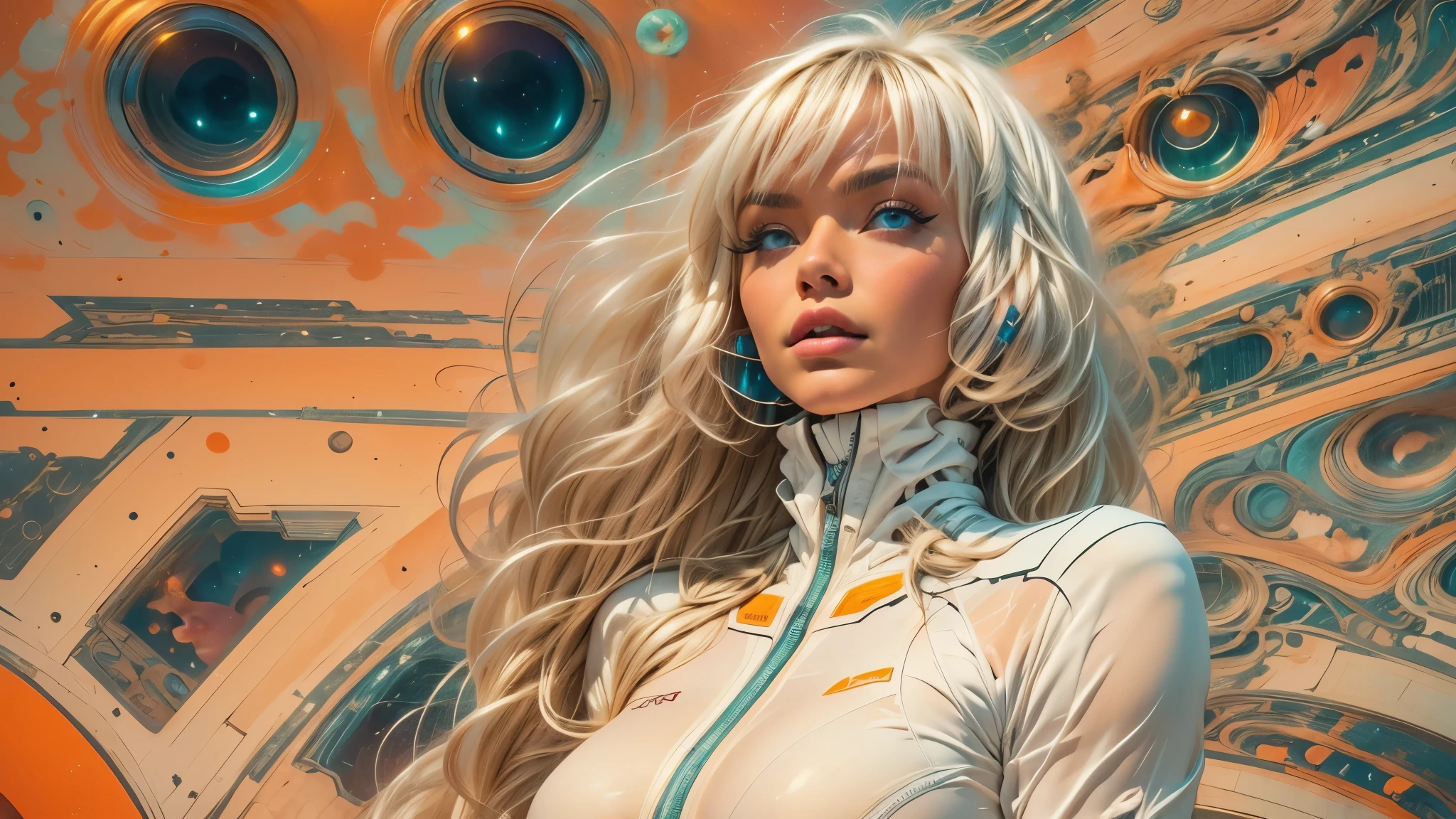 arafed image of a white woman in a futuristic suit with a spaceship in the background, movie art, in front of an orange background, inspired by Robert McGinnis, female protagonist, megastructure in the background, portrait of an ai astronaut, astronauts, an astronaut, portrait of a astronaut skeletor, perfect android girl, Highly Detailed Face and Skin Texture, Detailed Eyes, Double eyelids, perfectly detailed teeth, frank franzzeta and sakimichan