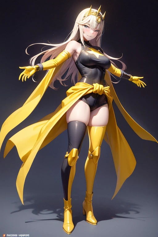 Chica anime con una capa amarilla y un traje negro parada en una repisa., style germen de arte, cushart krenz arte clave femenino, krenz cushart and germen de arte, in the style germen de arte, heroína androide, style of germen de arte, extremely detailed germen de arte, germen de arte style, ig model | germen de arte, ((best quality)), ((masterpiece)), (detailed), 1 girl, Full body, 19 years old, White skin, Smiling face, Blue eyes, Star shaped tiara, Arms outstretched, Arms behind waist, Masked face, Eye mask, Superhero mask, blue mask, Blushing, Blonde hair, Straight hair, Long hair, Bangs, 2 star clips on the sides of hair, Full body, Medium breasts, Slim body, Hands with yellow stars on them, Wrist bands, Long yellow gloves, Purple gloves, Superhero costume, Superheroes, Full body entirely yellow suit, With a big yellow star in the center, Star emblem, Somewhat tight, Long yellow cape on waist, Red belt, Thighs with tights purple, purple boots, flying, city background, anime