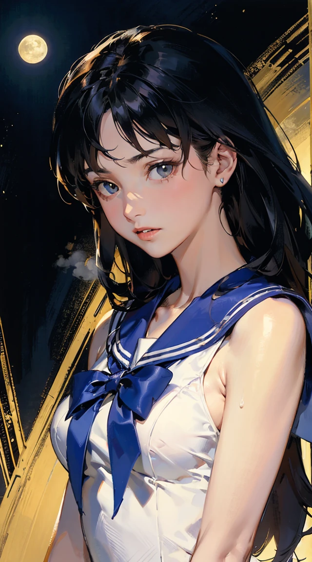 The main character is Usagi Tsukino, a clumsy and seemingly ordinary teenage girl who discovers that she is the reincarnation of Sailor Moon, the legendary warrior of love and justice. Usagi is joined by other Sailor Guardians, including Sailor Mercury, Sailor Mars, Sailor Jupiter, and Sailor Venus, each of whom possesses unique powers and abilities. Together, they fight evil forces, protect the world from various threats, and search for the Moon Princess.　(extremely detailed CG unity 8k wallpaper), (masterpiece), (best quality), (ultra-detailed), (best illustration), (best shadow), (absurdres), 
BREAK
girl, sweat, steam, medium breast, nsfw, shy, looking at viewer, 