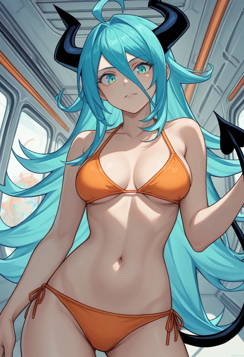 score_9, score_8_up, score_7_up,1 daemon woman, black horns, black demon tail, (aquamarine hair),aquamarine green color hair,ahoge, long hair, (long hair),bangs, light orange bikini, bikini is orange, bikini orange, orange bikini!, (aquamarine eyes), background is spaceship, aquamarine eyes, 1woman ,facing viewer, daemon girl, close up,Well-endowed, alone, Spacecraft interior, sexy pose