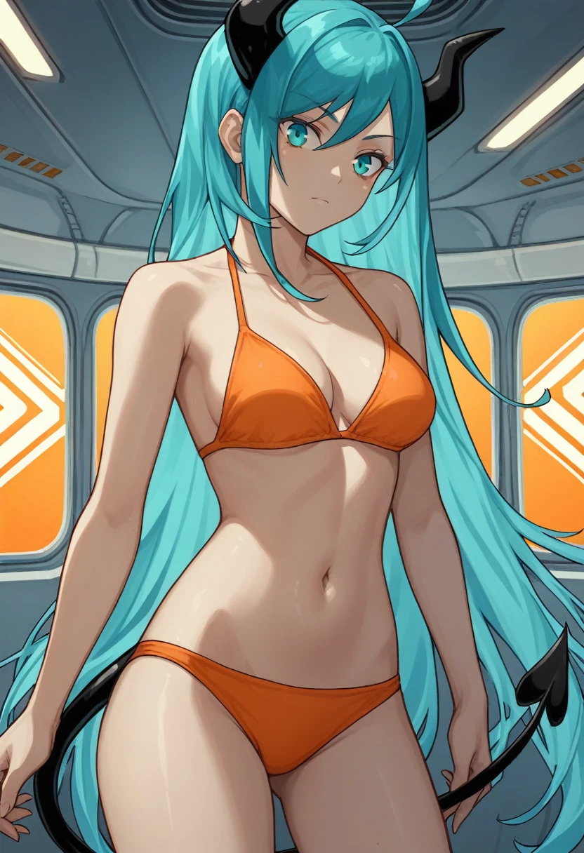 score_9, score_8_up, score_7_up,1 daemon woman, black horns, black demon tail, (aquamarine hair),aquamarine green color hair,ahoge, long hair, (long hair),bangs, light orange bikini, bikini is orange, bikini orange, orange bikini!, (aquamarine eyes), background is spaceship, aquamarine eyes, 1woman ,facing viewer, daemon girl, close up,Well-endowed, alone, Spacecraft interior, sexy pose