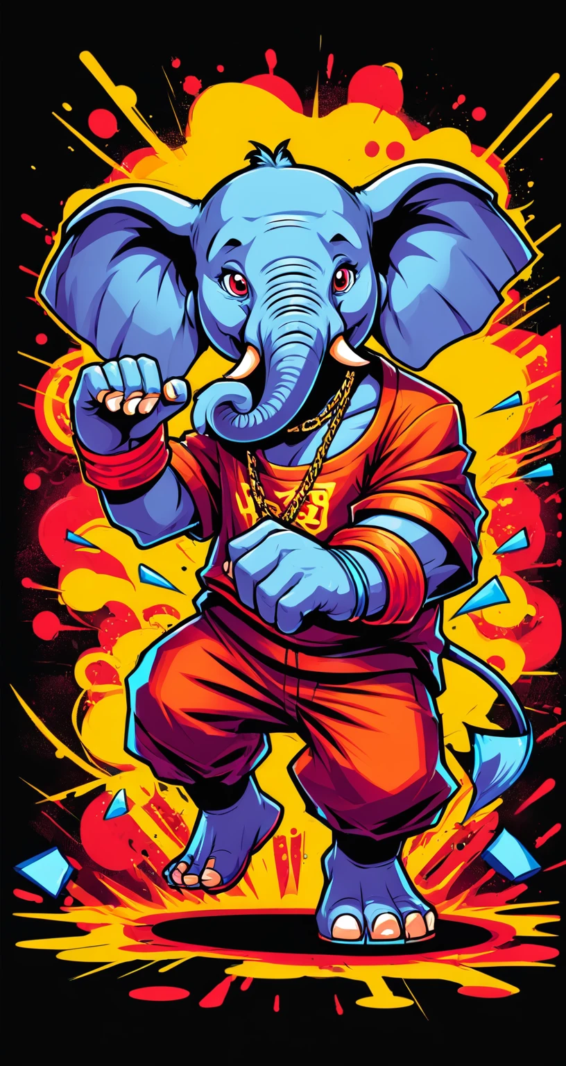 Elephant style fighting game, Hip-Hop Style, t shirt design, flat-colors, vectorial art, ((black backdrop)) . dynamic, Vibrant, full of action, detailed character design, reminiscent of fighting video games