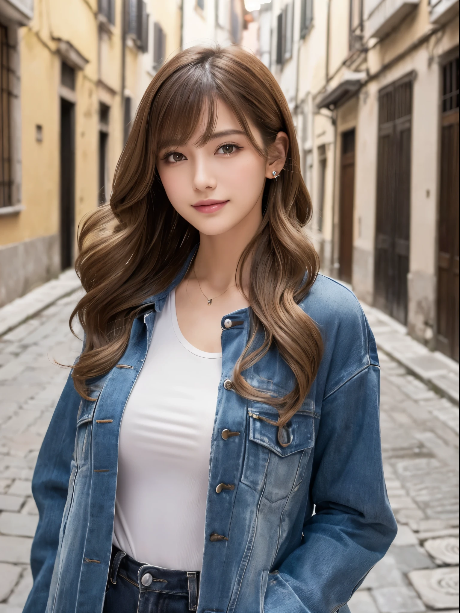 (((​masterpiece,top-quality,16 K,Ultra Detail,reallistic))),One lady,Japan beauties,Photographed from the waist up from the side,Looking here,((Trendy hairstyles,long hair with loose wavy,Air bangs,Light brown hair color)),(Posing like a fashion model,Looks like a model,A smile,Large duplex,Super delicate appearance,,flat breast,Model body type,Trendy makeup),(Piercing,Trendy fashion,The shirt,jaket,long-sleeve,Less exposure),(outside of house,Streets of Italy)