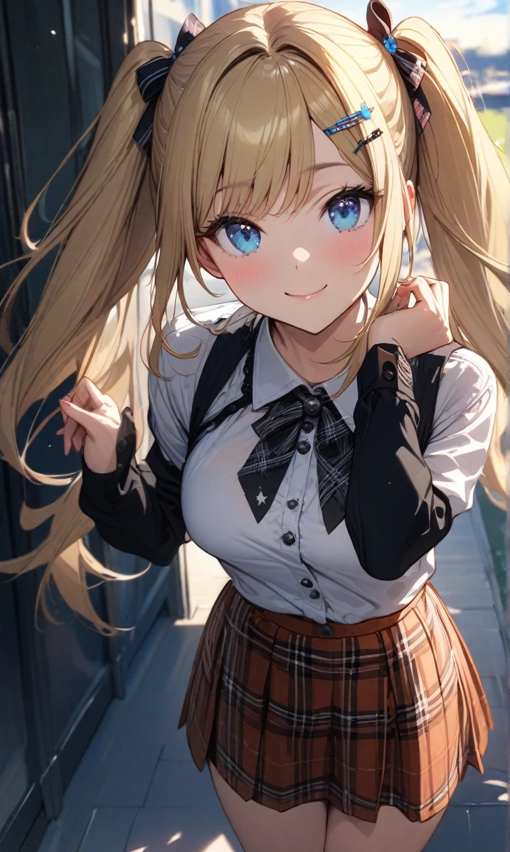 (masterpiece),(Highest quality),(Super detailed),(Best illustrations),(Best Shadow),(Absurd),(Detailed Background),(so beautiful),  Meguru Yamiya, One girl, Blonde, skirt, alone, blue eyes, hair ornaments, smile, Plaid, chest, Twin tails, Plaid skirt, Hair Clip, View your viewers, shirt, Long Hair
