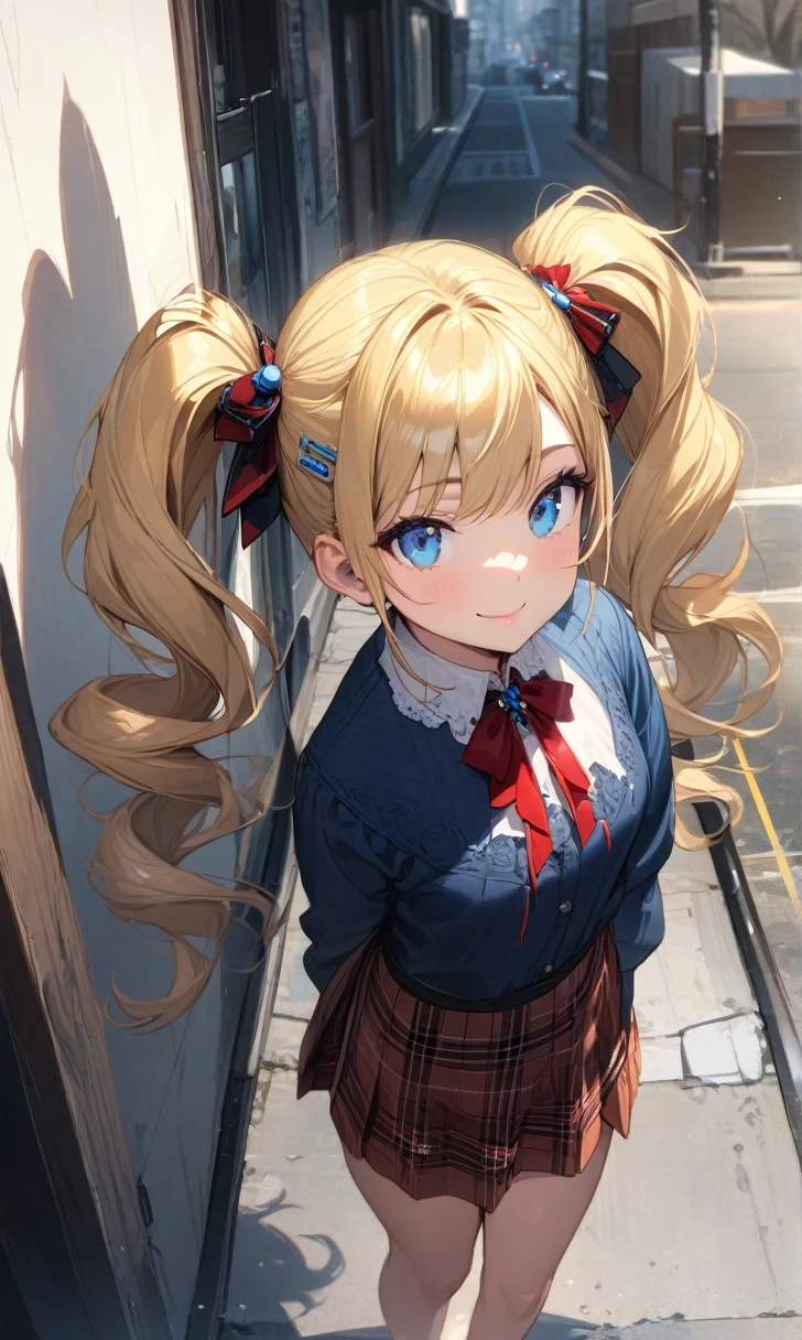 (masterpiece),(Highest quality),(Super detailed),(Best illustrations),(Best Shadow),(Absurd),(Detailed Background),(so beautiful),  Meguru Yamiya, One girl, Blonde, skirt, alone, blue eyes, hair ornaments, smile, Plaid, chest, Twin tails, Plaid skirt, Hair Clip, View your viewers, shirt, Long Hair