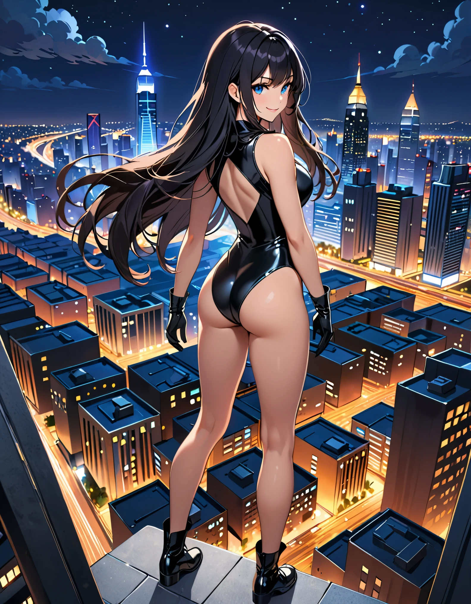 masterpiece, best quality, highres, 1girl, solo, superhero, leotard, bare legs, matching boots, sleeveless, looking at viewer, city backdrop, nighttime, perfect hands, perfect eyes, perfect leotard, perfect legs, perfect arms, perfect fingers, medium breasts, black leotard, standing, (black hair), long hair, knee boots, blue eyes, cute face, hair down, bangs, sleeveless, black gloves, black footwear, rear view, back view, evil smile, full body with costume :d