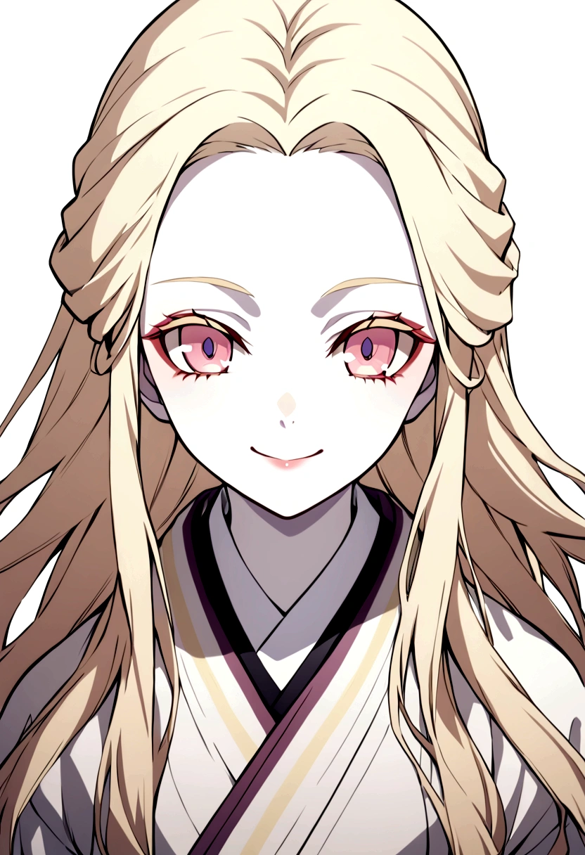 a girl, white skin, light blonde long hair, pink eyes, light yellow eyelashes, wearing a kimono, smiling. Kimetsu no Yaiba 