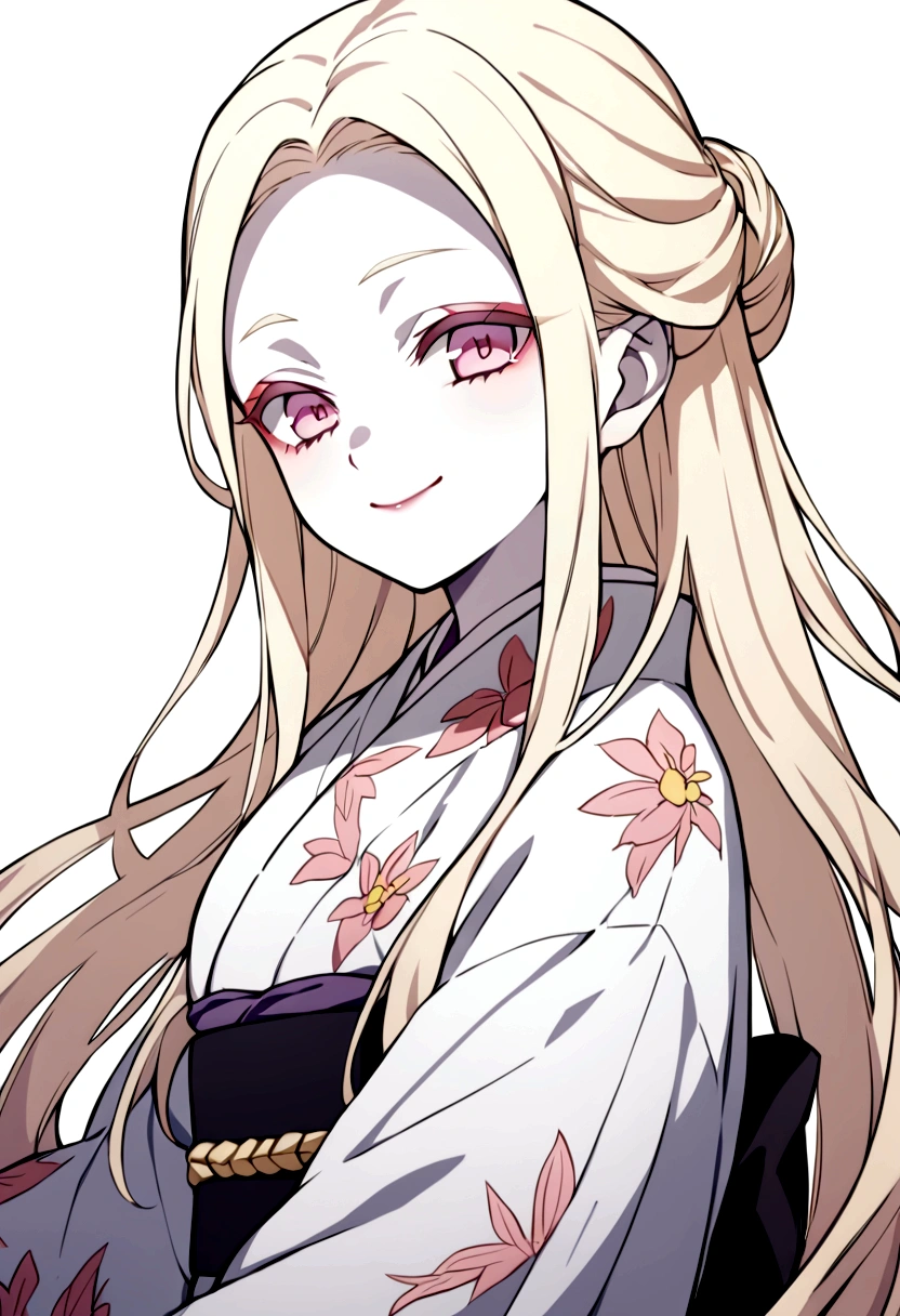 a girl, white skin, light blonde long hair, pink eyes, light yellow eyelashes, wearing a kimono, smiling. Kimetsu no Yaiba 