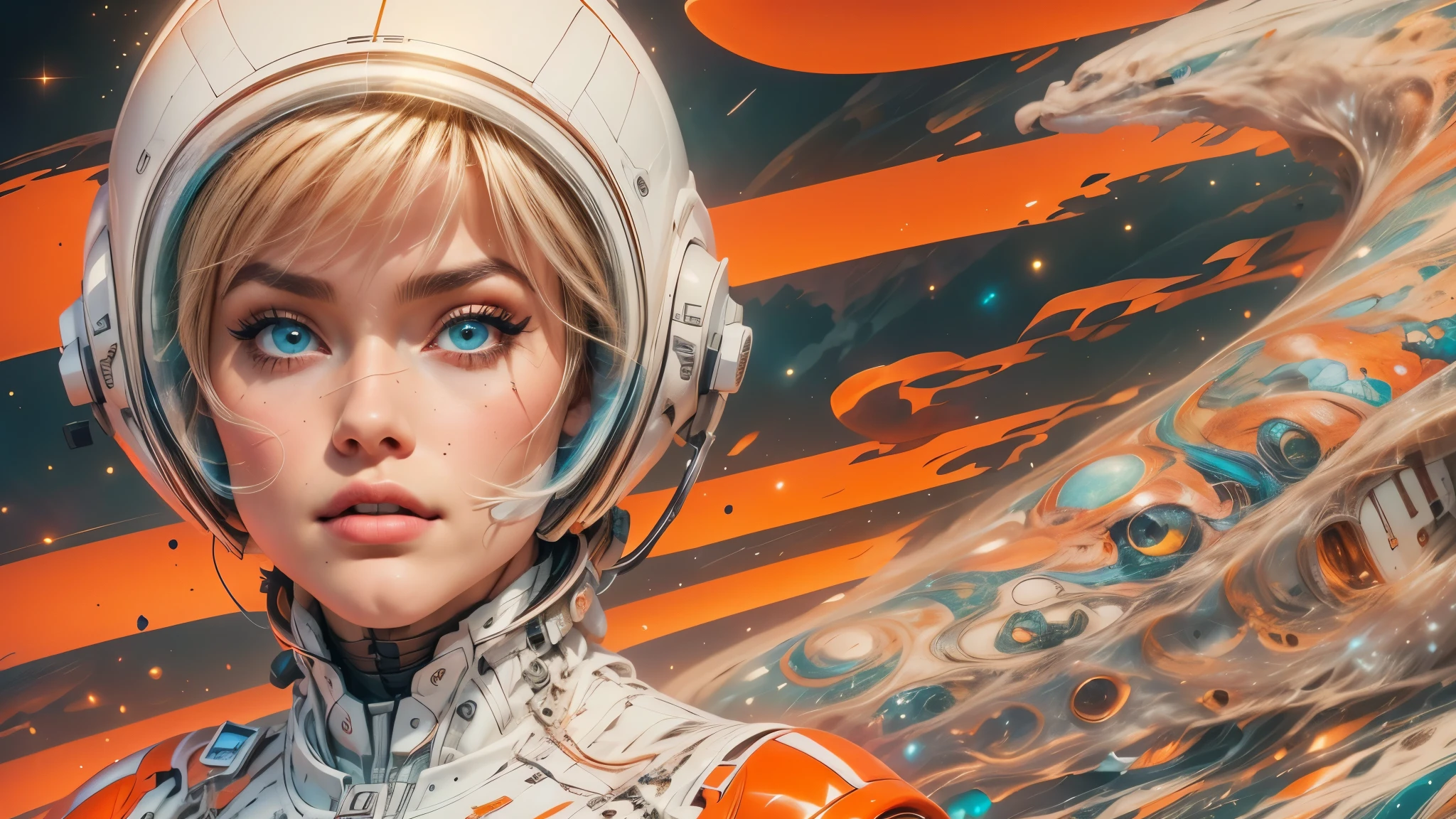 arafed image of a white woman in a futuristic suit with a spaceship in the background, movie art, in front of an orange background, inspired by Robert McGinnis, female protagonist, megastructure in the background, portrait of an ai astronaut, astronauts, an astronaut, portrait of a astronaut skeletor, perfect android girl, Highly Detailed Face and Skin Texture, Detailed Eyes, Double eyelids, perfectly detailed teeth, frank franzzeta and sakimichan  