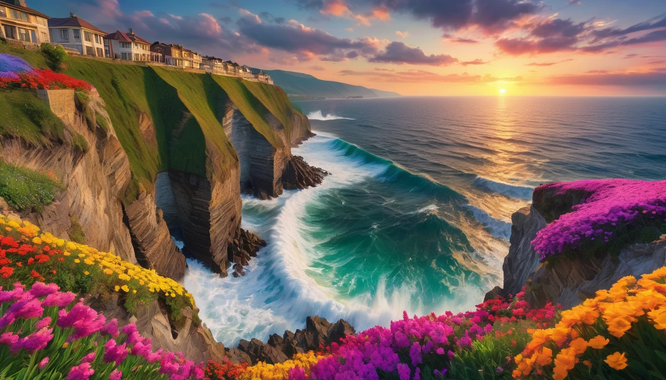 beautiful sunset seascape, big waves crashing against the cliff, colorful flowers blooming on the cliff (masterpiece, ultra quality, high resolution, 8k, intricate: 1.2), (masterpiece), (best quality:1)