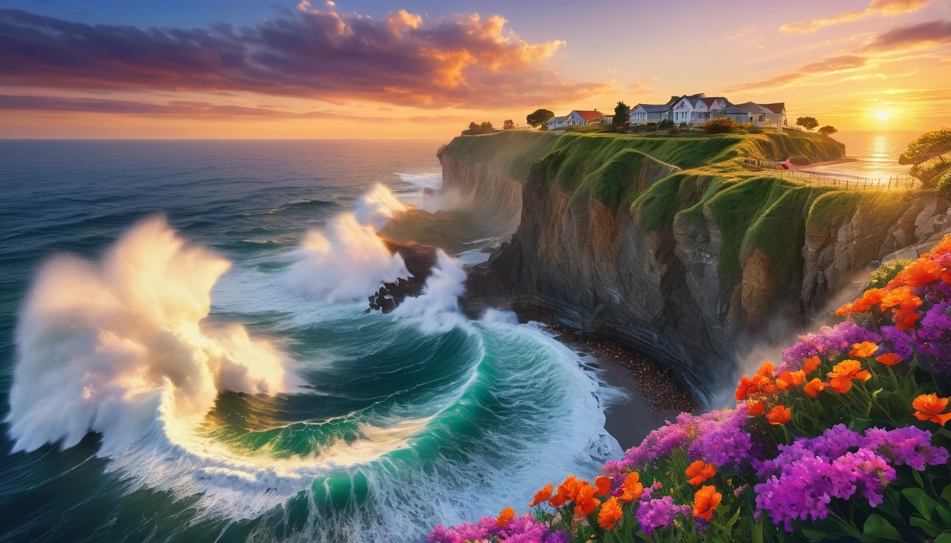 beautiful sunset seascape, big waves crashing against the cliff, colorful flowers blooming on the cliff (masterpiece, ultra quality, high resolution, 8k, intricate: 1.2), (masterpiece), (best quality:1)