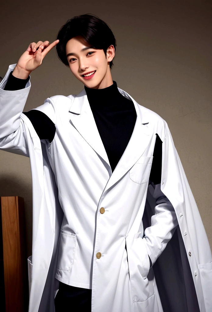 Create an image of a young man wearing a long white coat with large front pockets. The coat has a logo on the left chest featuring a blue and red globe with the word "EARTH" written below it. Underneath the coat, the man is wearing a black high-collared shirt and black pants. He is also wearing brown leather shoes. The man has medium-length, dark hair and is standing with his hands in his coat pockets, exuding a calm and confident demeanor.Top quality, super detailed,, (Korean), long body, (black turtleneck)), clean lab, (beautiful), (long body)) big smile, top quality, super detailed, illustration, super detailed view, (realistic), (black hair)), one young man, (all wearing Evian), (researcher in lab coat)), (no glasses), twink, (fair skinned), (knowledgeable), (Korean), long body, (white shirt)), clean lab, (beautiful), (long body)) big smile, right hand is making an "OK" gesture near his face, hand raised near his face. He has a bright and cheerful expression, smiling widely, showing his teeth. His smile is so big his eyes almost close, and he is looking straight into the camera. The background is bright and white, giving the image a clean and fresh look.