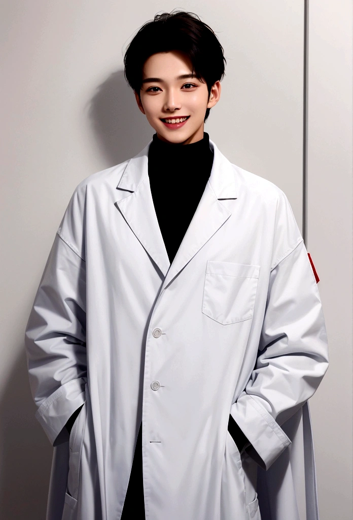 Create an image of a young man wearing a long white coat with large front pockets. The coat has a logo on the left chest featuring a blue and red globe with the word "EARTH" written below it. Underneath the coat, the man is wearing a black high-collared shirt and black pants. He is also wearing brown leather shoes. The man has medium-length, dark hair and is standing with his hands in his coat pockets, exuding a calm and confident demeanor.Top quality, super detailed,, (Korean), long body, (black turtleneck)), clean lab, (beautiful), (long body)) big smile, top quality, super detailed, illustration, super detailed view, (realistic), (black hair)), one young man, (all wearing Evian), (researcher in lab coat)), (no glasses), twink, (fair skinned), (knowledgeable), (Korean), long body, (white shirt)), clean lab, (beautiful), (long body)) big smile, right hand is making an "OK" gesture near his face, hand raised near his face. He has a bright and cheerful expression, smiling widely, showing his teeth. His smile is so big his eyes almost close, and he is looking straight into the camera. The background is bright and white, giving the image a clean and fresh look.