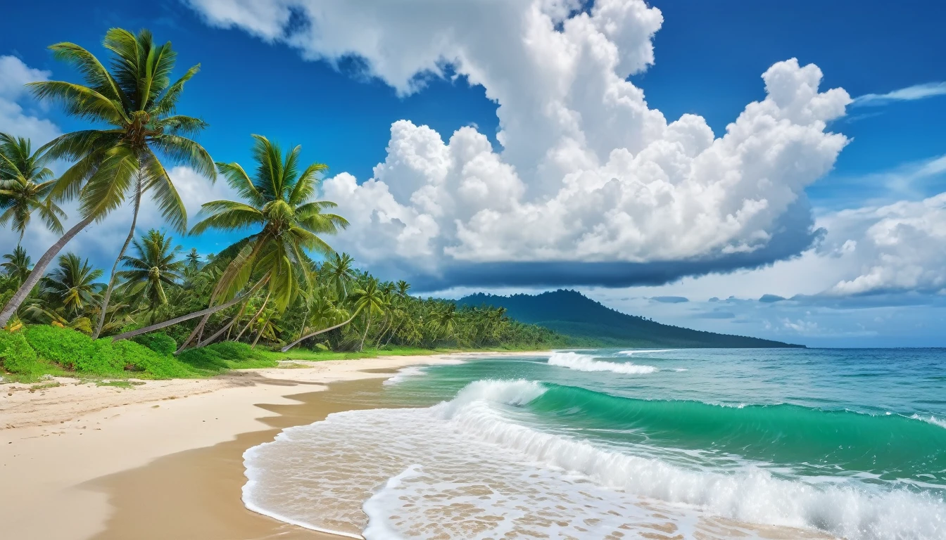 beautiful blue sea and white sand beach, big waves crashing on the sand, green coconut trees on the beach (masterpiece, ultra quality, high resolution, 8k, intricate: 1.2), (masterpiece), (best quality:1)