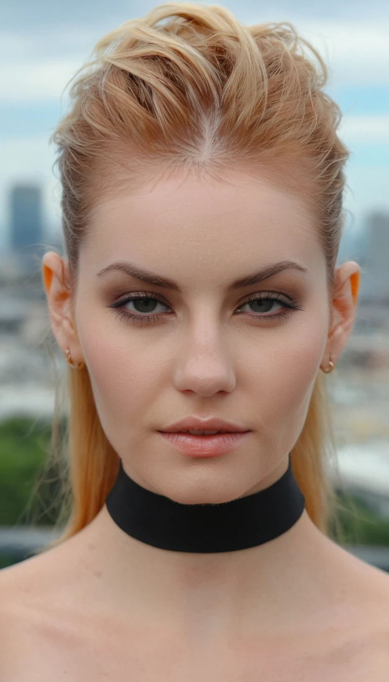 (Skin Texture, pores, natural,iPhone,RAW)), natural lighting, Highest Quality closeup Portrait photo of a pretty woman,black thin choker, clear lipgloss, Nikon Z9, realistic matte skin, blurry city in the background, 8K, symmetric, whole face,