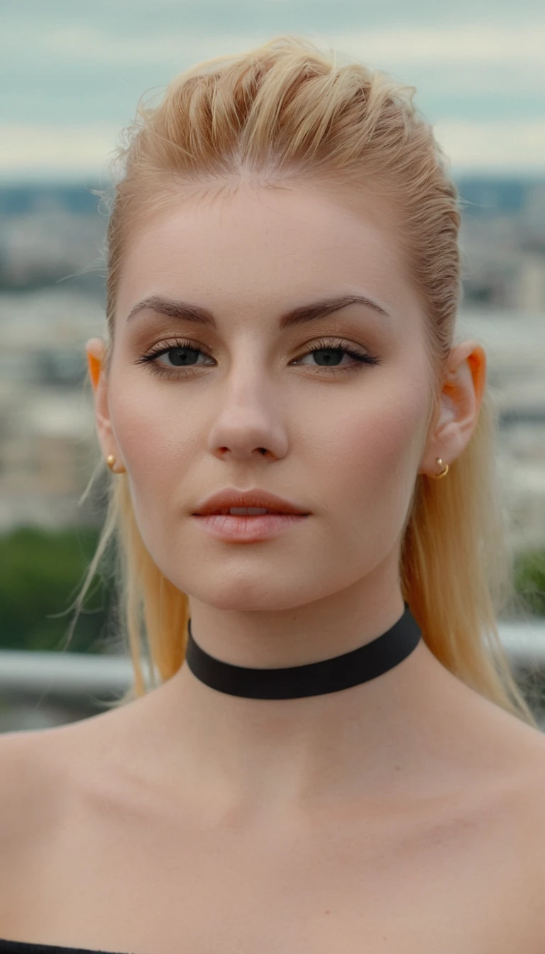 (Skin Texture, pores, natural,iPhone,RAW)), natural lighting, Highest Quality closeup Portrait photo of a pretty woman,black thin choker, clear lipgloss, Nikon Z9, realistic matte skin, blurry city in the background, 8K, symmetric, whole face,