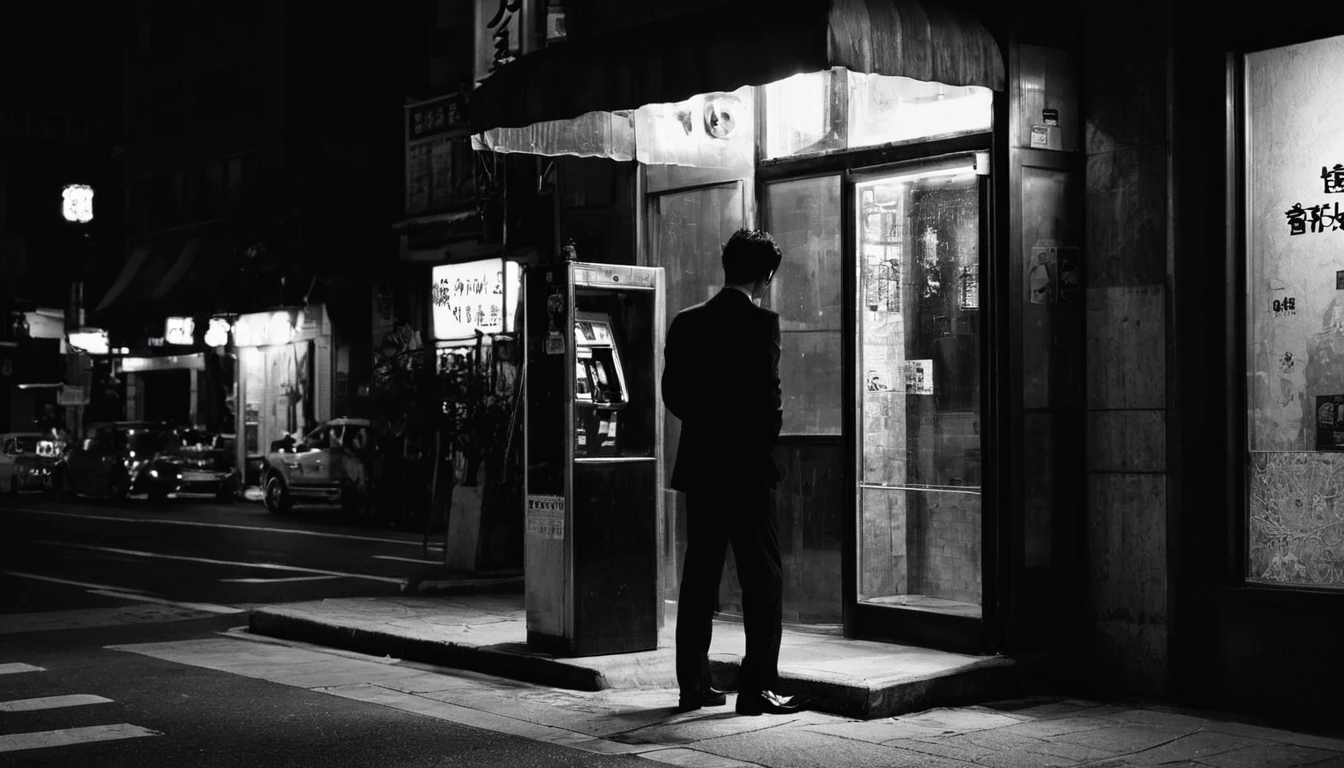 midnight、Spooky atmosphere、Public phone on the street corner、Shadow of a man in a black suit