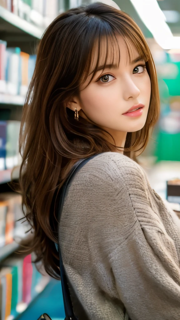 Best quality, 8k, ,Masterpiece :1.3)), facing viewer,((full body1.2)) ,pretty woman, wide shot ,1girl, , ,, Library , brown hair , bangs,ultra-detailed face, highly detailed lips, detailed eyes, double eyelid