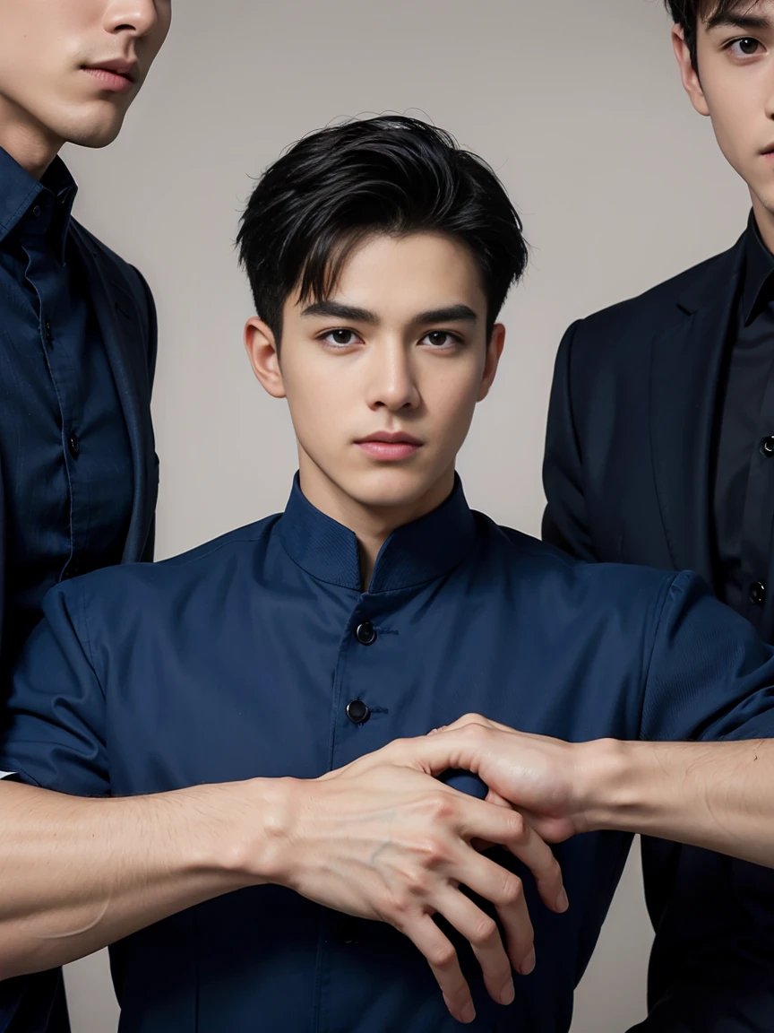 ((masterpiece)),((best quality)),8K,high detail,Very detailed, Very manly,3 men, like,fashion pose, Realistic skin texture, Light,
Royal blue style couple,Perfect hand details