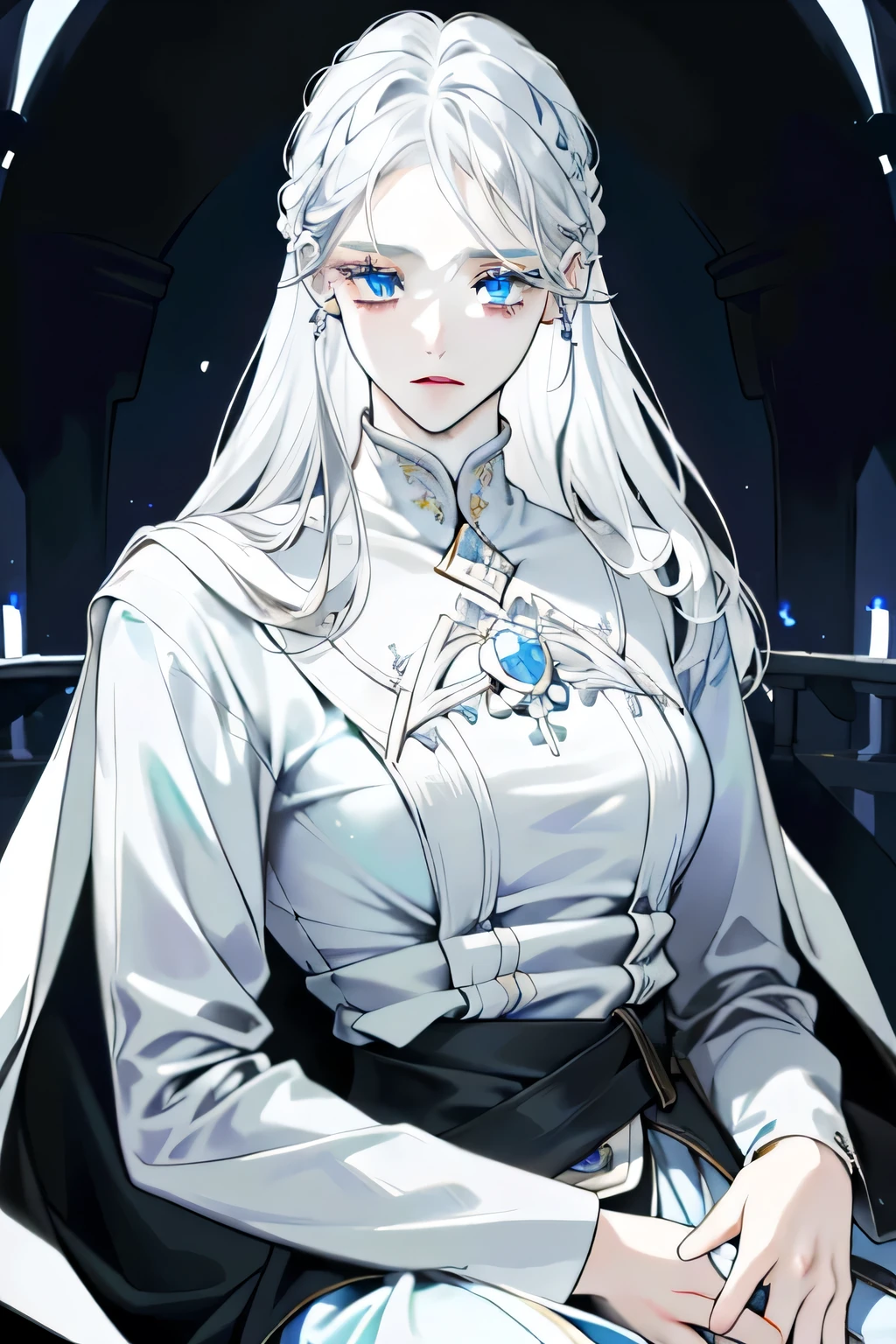 1girl, serene, sitting, (long, silver hair:1), pale skin, ((piercing blue eyes)), ((glowing_eyes)), (((ultra detailed eyes:0.7, belleza y detallada cara, detalles ojos:0.9))), ((centered)), (close-up), facing viewer, (((temple, calma, luces celestes:0.9))), voluptuous breasts, hands in lap, ((deeply focused eyes)), ((perfect hands)), (((head:1, upper body in view, elbows, knees, in view))), ((cross-legged)), luminous eyes, stunning lighting, enclosed space, ((defined subject)), 28 years old, ((thoughtful expression)), (((warm))), ((meditative)), (((high contrast)))
