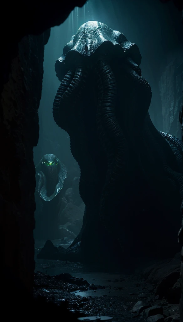 A glowing black Cthulhu monster walking in a cave,Emitting black mist,Invisible,Blurry monster,It's huge,Lovecraftian gods,The terrifying god,The abyss of madness。Lovecraft atmosphere,Lovecraftian inspiration,lovecraftian background,Dark background,Weird atmosphere,Strange sounds,Doomsday atmosphere,Unpredictable atmosphere。