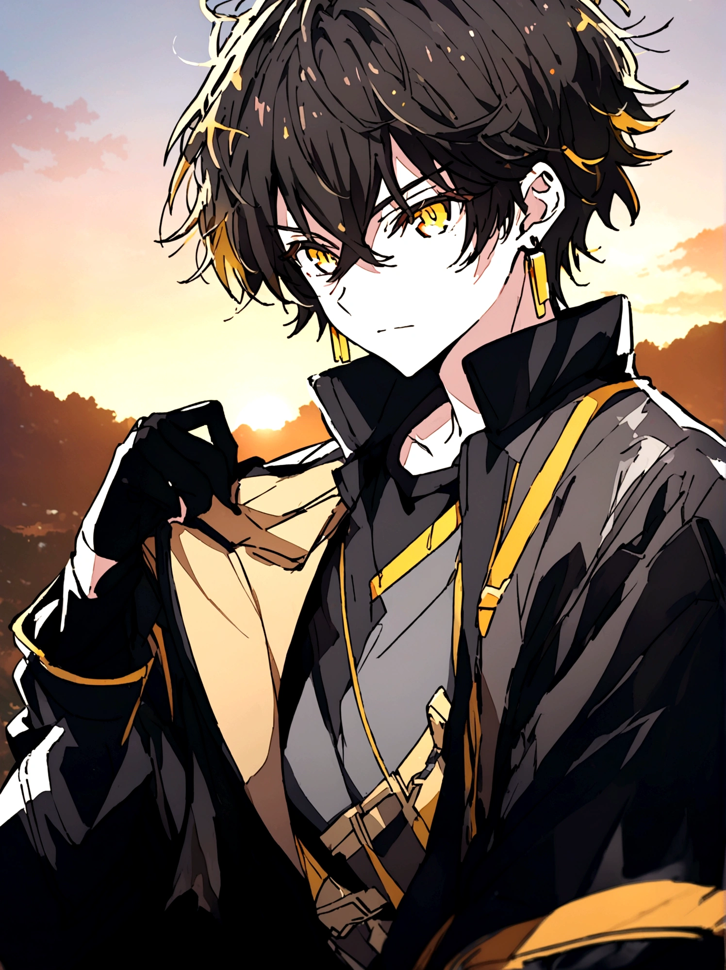 Anime male, gold eyes, gold hair, golden earrings, black shirt, black tech jacket, black pants, best quality, cool, sunset