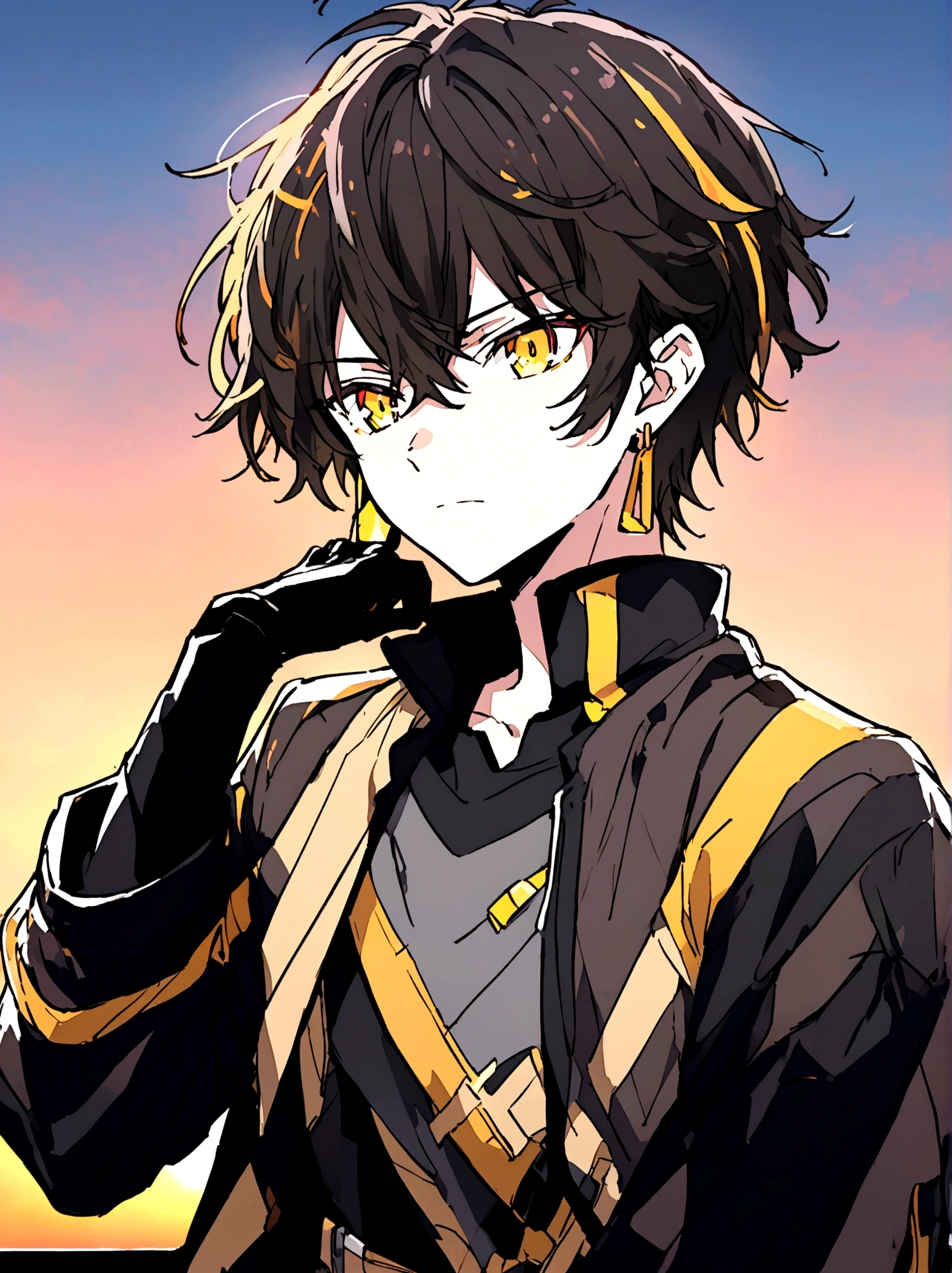 Anime male, gold eyes, gold hair, golden earrings, black shirt, black tech jacket, black pants, best quality, cool, sunset