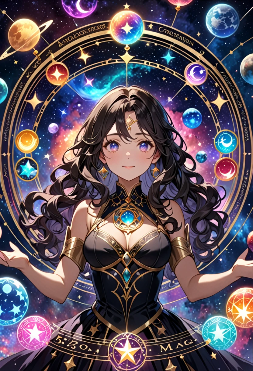Highest quality, 16K, Unbelievably absurd, Very detailed, 2.5D, delicate and dynamic, , formal, universe space, Night Sky, Crescent Moon, constellation, Gorgeous nebula, meteor, , Tarot Cards, Giant magic circle, A complex magic circle, Colorful magic circle, A colorful celestial globe, Small face, Very delicate facial expressions, Delicate eye depiction, Upper body close-up, erotic, One sexy woman, Cool woman, black long wavy hair, Healthy body shape, 25-year-old woman, Cool woman, Height: 170cm, huge bouncing busts, astrologer, Horoscope, Tarot Cards, Calm expression, A complex magician&#39;s outfit, Magician&#39;s outfit in chic colors, garter belt, Fishnet tights, Magician&#39;s Shoes, Fortune telling, Declare, Tarot Cardsを配る, Tarot Cardsをめくる