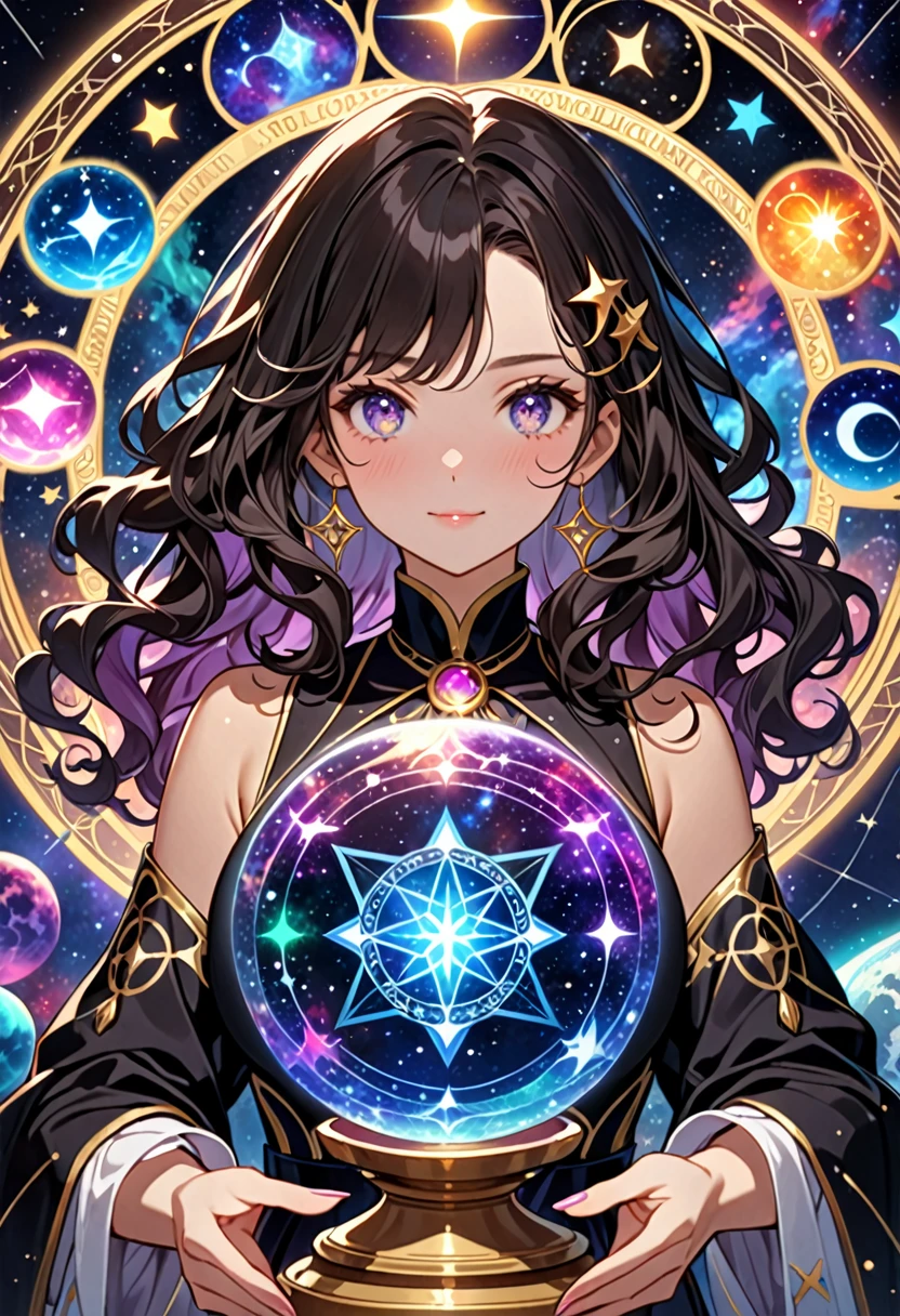 Highest quality, 16K, Unbelievably absurd, Very detailed, 2.5D, delicate and dynamic, , formal, universe space, Night Sky, Crescent Moon, constellation, Gorgeous nebula, meteor, , Tarot Cards, Giant magic circle, A complex magic circle, Colorful magic circle, A colorful celestial globe, Small face, Very delicate facial expressions, Delicate eye depiction, Upper body close-up, erotic, One sexy woman, Cool woman, black long wavy hair, Healthy body shape, 25-year-old woman, Cool woman, Height: 170cm, huge bouncing busts, astrologer, Horoscope, Tarot Cards, Calm expression, A complex magician&#39;s outfit, Magician&#39;s outfit in chic colors, garter belt, Fishnet tights, Magician&#39;s Shoes, Fortune telling, Declare, Tarot Cardsを配る, Tarot Cardsをめくる