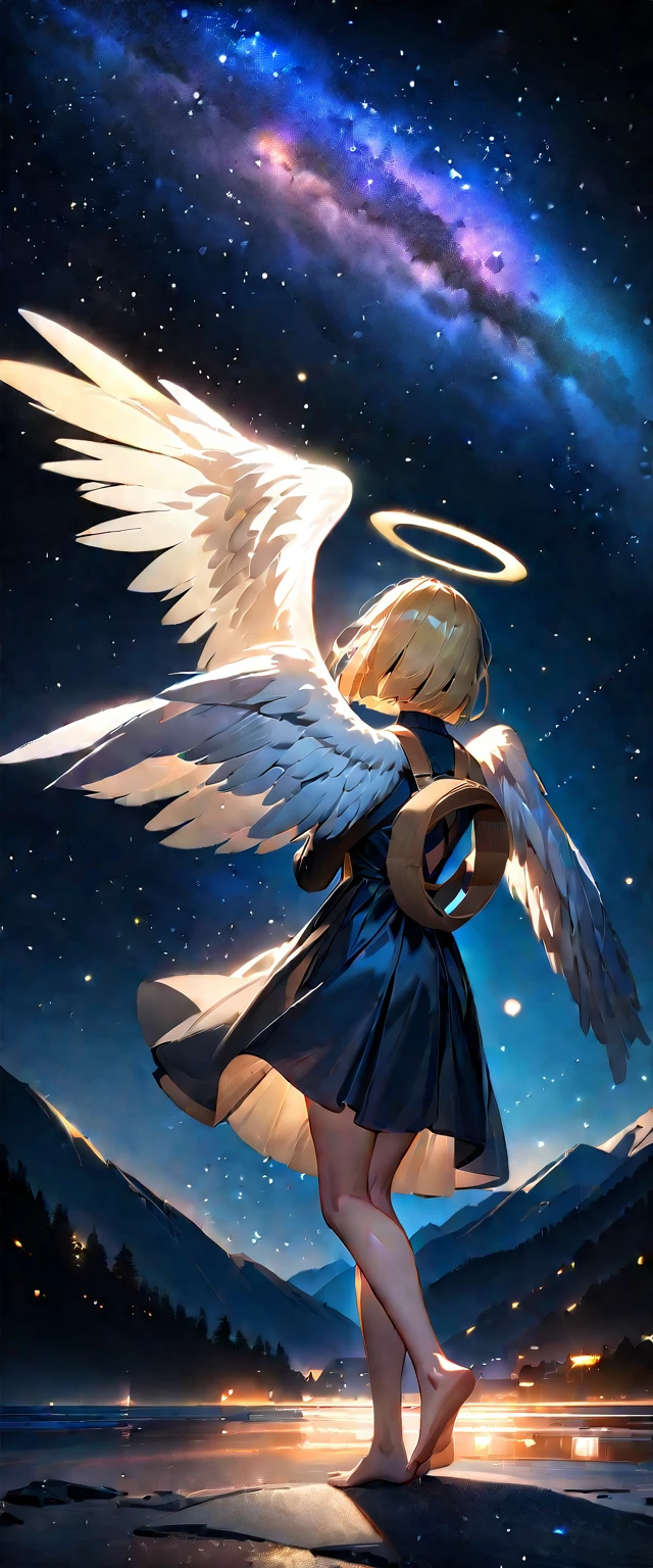 (((A meteor shower dancing in the night sky, countless stars twinkling in the clear air, a beautiful starry sky, the Milky Way shining beautifully in the night))), flying, (((with big angel wings on back))), halo, backless dress, looking up, mountain, wide shot, back shot, a girl, bob cut, bare legs, bare foot, blond hair, (best quality, 4K, 8K, highres, masterpiece:1.2, ultra-detailed, HDR, uhd, studio lighting, ultra-fine painting, sharp focus, physically-based rendering, extreme detail description, professional, vivid colors, bokeh)