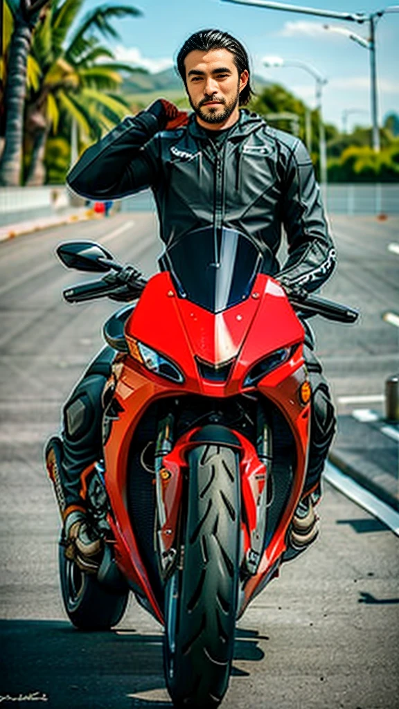 Guy sitting on a motorbike and posing for a picture