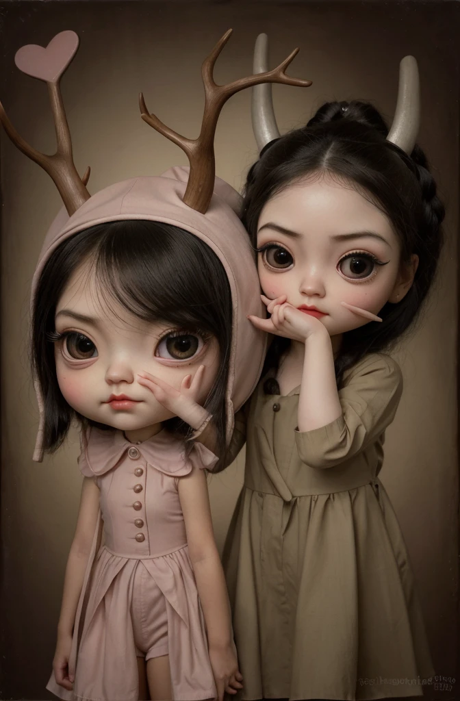 Painting of a girl with deer antlers on her head, Estilo Mark Ryden, Mark Ryden muy detallado, Estilo de Mark Ryden, Naoto Hattori, Surrealismo pop lowbrow, Mark Ryden en el estilo de, benjamin lacombe,  Earley, Surrealismo pop Lowbrow Art Style, Arte lowbrow, por Mark Ryden,  cute and beautiful, with puppet on their hands, cute, playing the puppet on their hands, cute, with eye bags, modern dress, painting, lowbrow chibi, sack puppet dog, 