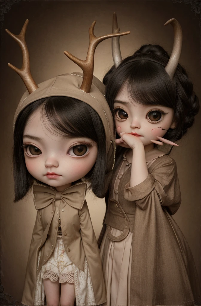 Painting of a girl with deer antlers on her head, Estilo Mark Ryden, Mark Ryden muy detallado, Estilo de Mark Ryden, Naoto Hattori, Surrealismo pop lowbrow, Mark Ryden en el estilo de, benjamin lacombe,  Earley, Surrealismo pop Lowbrow Art Style, Arte lowbrow, por Mark Ryden,  cute and beautiful, with puppet on their hands, cute, playing the puppet on their hands, cute, with eye bags, modern dress, painting, lowbrow chibi, sack puppet dog, 