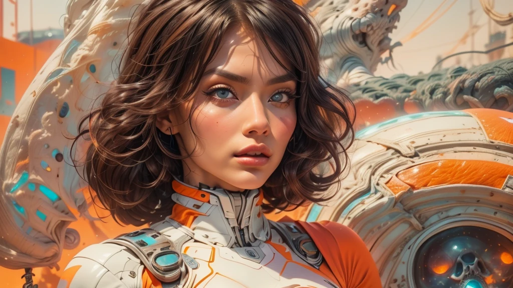 arafed image of a white woman in a futuristic suit with a spaceship in the background, movie art, in front of an orange background, inspired by Robert McGinnis, female protagonist, megastructure in the background, portrait of an ai astronaut, astronauts, an astronaut, portrait of a astronaut skeletor, perfect android girl, Highly Detailed Face and Skin Texture, Detailed Eyes, Double eyelids, perfectly detailed teeth, frank franzzeta and sakimichan  