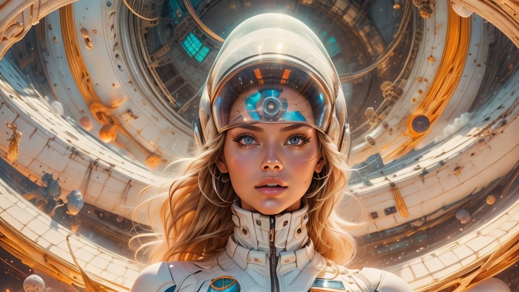 arafed image of a white woman in a futuristic suit with a spaceship in the background, movie art, in front of an orange background, inspired by Robert McGinnis, female protagonist, megastructure in the background, portrait of an ai astronaut, astronauts, an astronaut, portrait of a astronaut skeletor, perfect android girl, Highly Detailed Face and Skin Texture, Detailed Eyes, Double eyelids, perfectly detailed teeth, frank franzzeta and sakimichan  