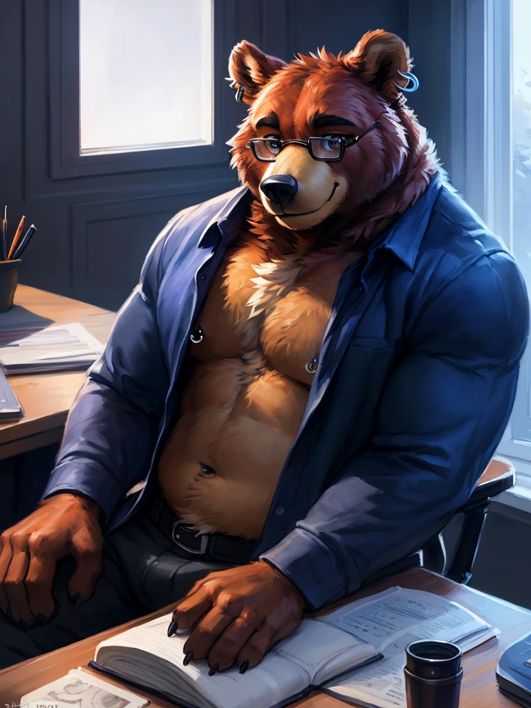 ((Bear)) , big chest, night time, sexy, sensual, detailed, uploaded to e621, beautiful and detailed portrait of an anthropomorphic bear, ((anthropomorphic male Foxy))), kenket, Ross Tran, ruan jia, uploaded to e621, zaush, foxovh, movie lighting, , anthropomorphic, (( bear )) , big chest, night time, sexy, sensual, detailed, uploaded to e621, beautiful and detailed portrait of an anthropomorphic bear , ((anthropomorphic male bear))), kenket, Ross Tran, ruan jia, uploaded to e621, zaush, foxovh, movie lighting, thicc, alone, dominant , muscular toned, muscles, anthropomorphic, best quality,4k,ultra-detailed,realistic,portrait,furry,dim soft detailed lighting,cozy atmosphere,comfortable bosschair,warm colors,peaceful,relaxing,A-level, 3d render, high quality digital art, wearing balery anything clothing, detailed eyes, good anatomy, good perspective, towards viewer, by bebebebebe, by sicklyhypnos, by gerkk, by orf, big muscles and arms, muscular, solo, male, in a office boss room sitting the chair with the viewer looking at him from across the desk, ((chubby)), overhang belly, reading glasses, chest fur tuft, brown fur, ((nipple piercings)), ((ear piercing))