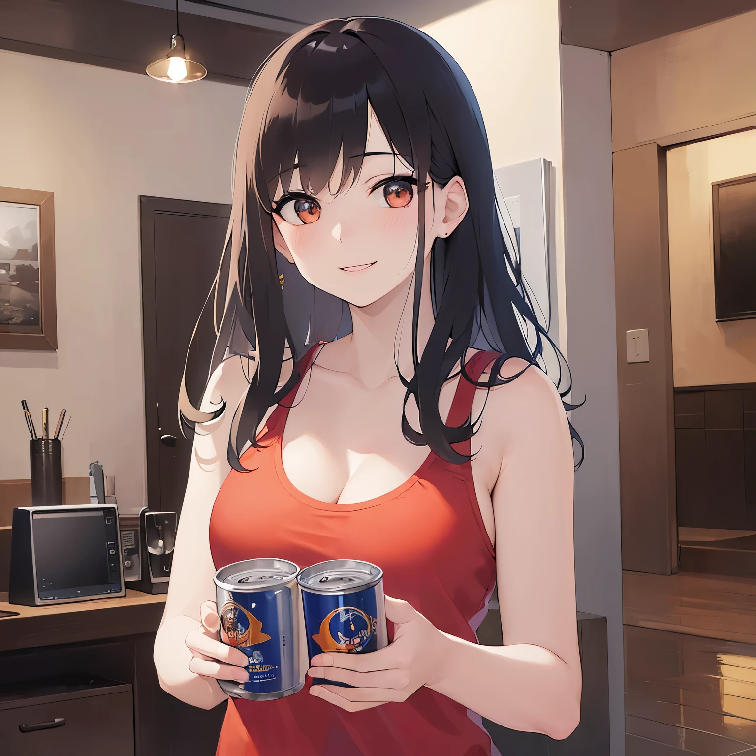 (lookin away:1.5),Upper Body, Shrugging shoulders、 Realistic, real person, (pale skin: 1.2), RAW photo, photorealistic, shiny skin, shiny hair、 (A 25-year-old woman with medium-length hair and bangs) and (wavy hair) and (brown hair) and (Orange Eyes)、blush,(smile:1.5), (orenged tank top),The background is the living room at night、holding beer cans in both hands