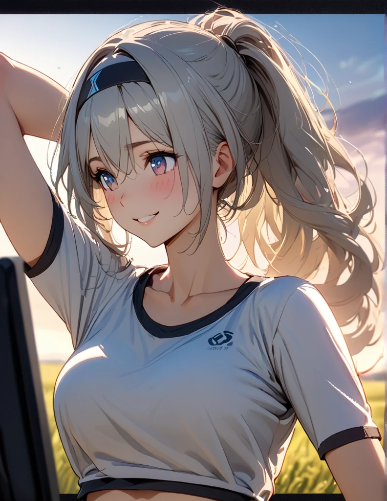 beautiful girl, long grey hair, tying her hair into ponytail, beautiful face,smiling,close up to hips, beautiful breast, warming up for jogging on field, looking at monitor,illustration,detailed textures(realists),ultra-detailed,portrait style,vivid colors,soft lighting, blushing, mature, hair fluttering, evening light , head band, ((half body)), wearing simple workout shirts with sport bra, perky. ((side profile until hips)), very shy