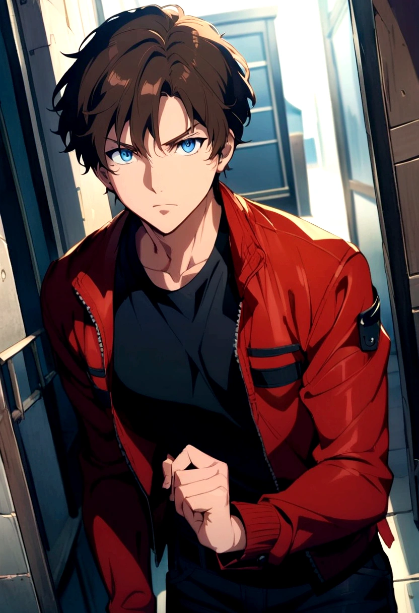 man, Brown hair, short hair, Blue eyes, light tan. black shirt, red jacket , black pants. hunter eyes. anime style