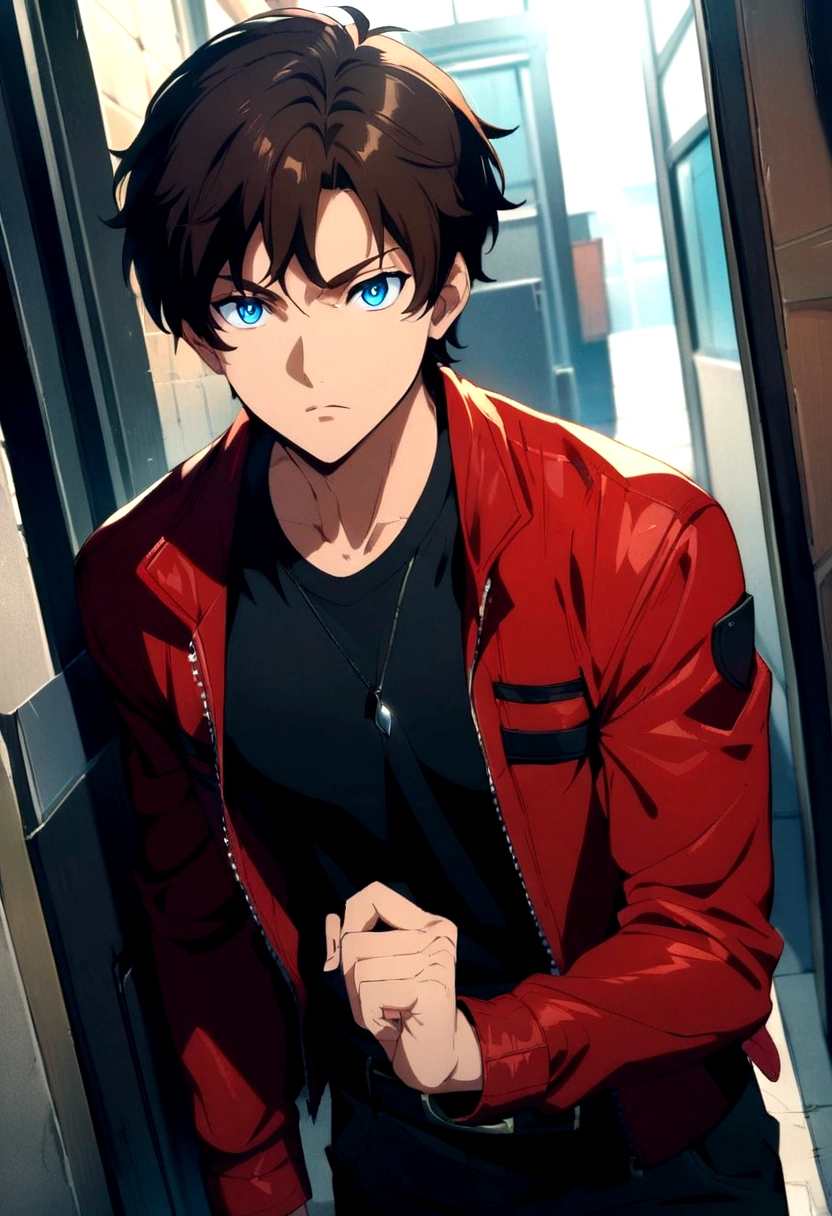 man, Brown hair, short hair, Blue eyes, light tan. black shirt, red jacket , black pants. hunter eyes. anime style