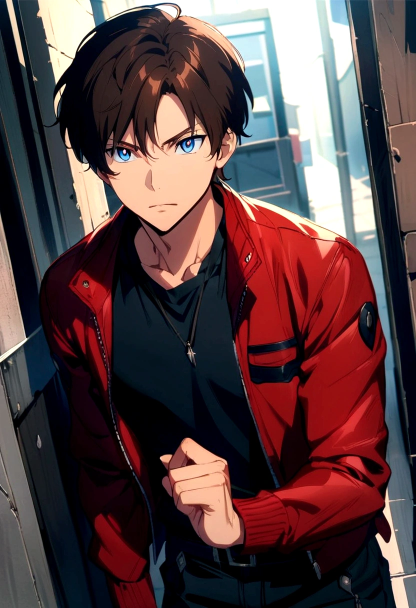 man, Brown hair, short hair, Blue eyes, light tan. black shirt, red jacket , black pants. hunter eyes. anime style