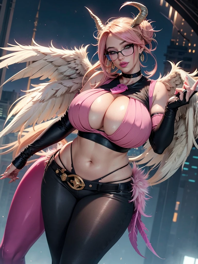 realisticlying,22yo girl,Blonde short、big body, y lingerie lace black ,perfect eyes, hair bunches、very very long hair, ultradetailed hair, body nylon sexBreastged、 big body, blonde, woman 1.90 CM,ponytail, ((hair over eyes)),perfect mouth, massive big bounce oppai, WET SKIN, (masterpiece, best quality:1.2), 1girl, solo, city background, haze \(fortnite\), Harpy Haze From fortnite, 1girl, earrings, glasses, hat, jewelry, lips, long hair, looking at viewer, makeup, nail polish, pink eyes, pink hair, pink nails, smile, sunglasses, tinted eyewear, belt, black pants, crop top, eyeshadow, midriff, navel, pants, choker, fingernails, round eyewear, sharp fingernails, standing, black feathers, black headwear, hoop earrings, horned headwear, horns, denim, winged arms, feather trim, star \(symbol\), elbow gloves, dark pink lips, feathers, heels, shoes, angel wings, bangle, black wings, crop top overhang, feathered wings, harpy, low wings, multicolored hair, multicolored wings, pink wings, wings, fingerless gloves, shirt, long fingernails, boater hat, bootcut pants, leather pants, sleeves, black sleeves,massive big bounce oppai,massive big bounce oppai,massive big bounce oppai,big bounce oppai,big bounce oppai,