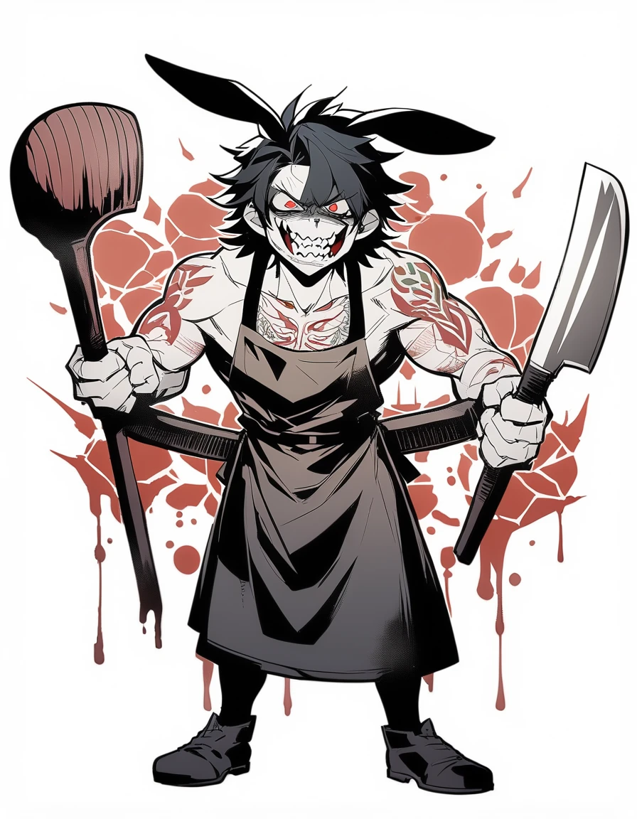 best quality, expressive eyes, perfect face, (1boy), sexy, anthro, (black bunny ears), apron, butcher, closeup, bloody, scary face, messy hair, genshim impact style, black hair, with tattoo, male, handsome, smug , background white, (full body), bloodstainai,