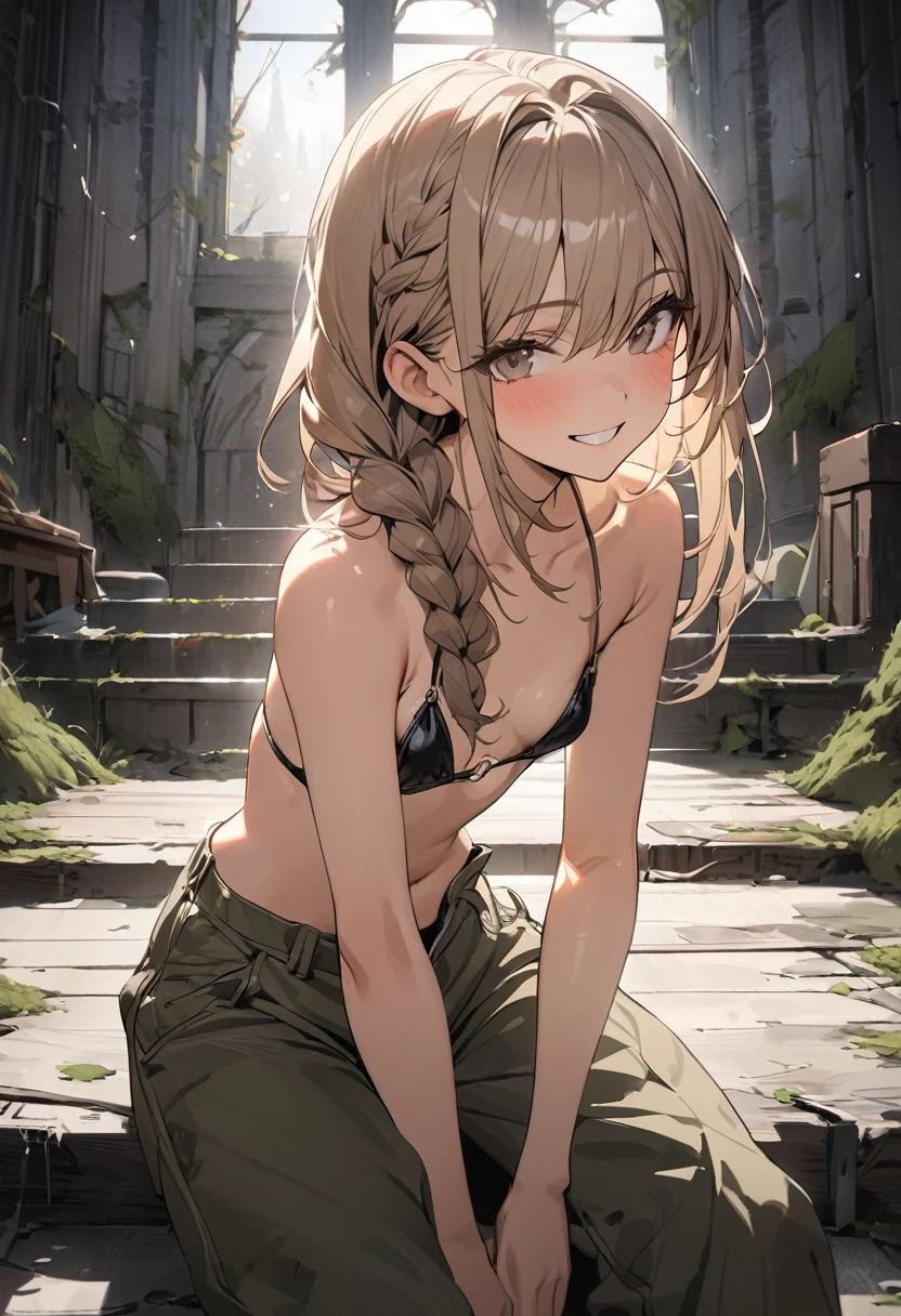 ((Masterpiece)), ((best quality)), (Anime:1.5), (RAW photo:1.2),(High Definition:1.3), (Professional Photography:1.2), (sharp focus), (perfect light),1girl, (smug), (Glossy lips), upper body, looking at viewer, (loose bikini top), O-ring, braid, ((loose pants pull up)), choker, pale brown hair, small breast, cute hips, (mist effect:1.3), (on the steps of a building),